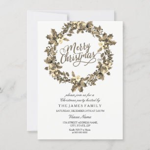 Gold Leaf Floral Wreath Christmas Party Invite