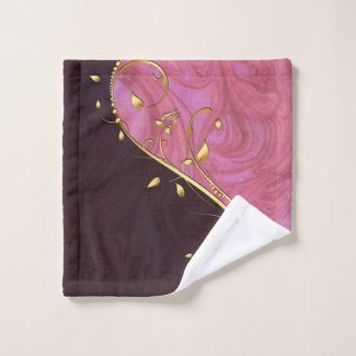 Gold Leaf Flourish on Burgundy and Pink Swirl Bath Towel Set