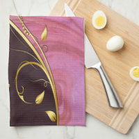 Gold Leaf Flourish on Burgundy and Pink Swirl Kitchen Towel
