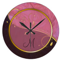 Gold Leaf Flourish Pink Burgundy Add Your Initial Large Clock