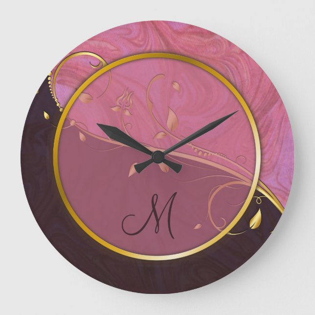 Gold Leaf Flourish Pink Burgundy Add Your Initial Large Clock (Front)