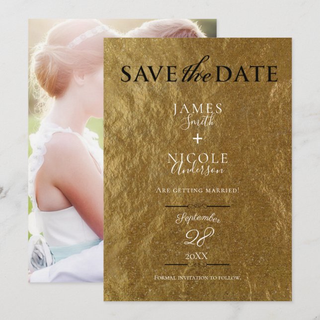 Gold Leaf Foil Modern Full Photo Save the Date Invitation (Front/Back)