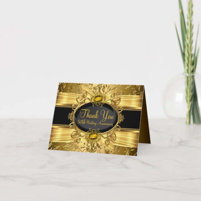 Gold Leaf & Gem 50th Anniversary Thank You Card (Front)