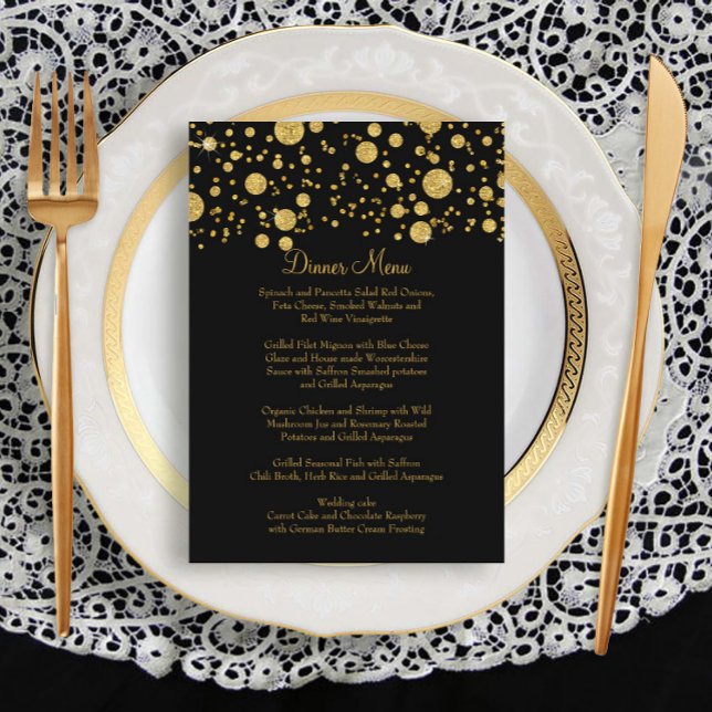 Gold Leaf Glitter Confetti Dot Elegant Dinner Menu (Creator Uploaded)