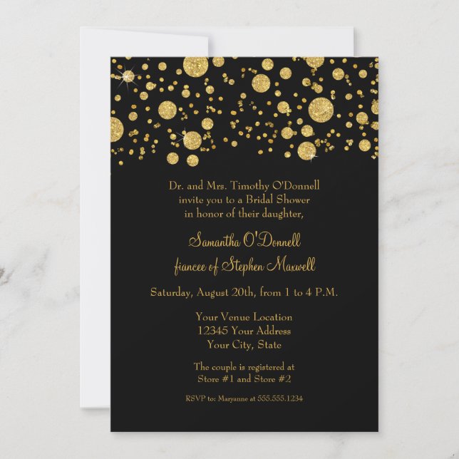 Gold Leaf Glitter Confetti Dots Bridal Shower Invitation (Front)