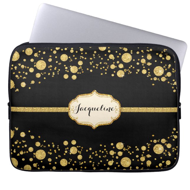 Gold Leaf Glitter Confetti Polka Dots Sparkle Laptop Sleeve (Front)