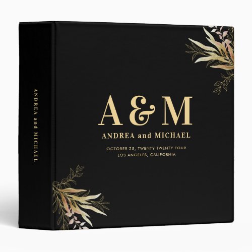 Gold Leaf Greenery Black Monogram Elegant Wedding 3 Ring Binder