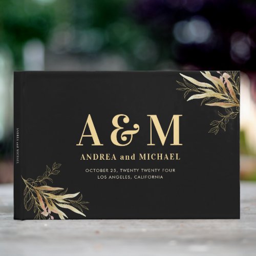 Gold Leaf Greenery Black Monogram Elegant Wedding Guest Book