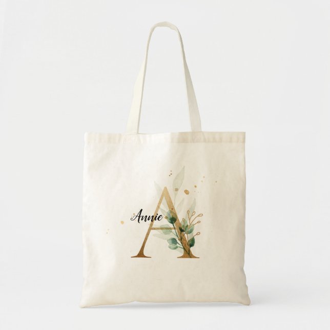 Gold Leaf Greenery Elegant Foliage Monogram "A" Tote Bag (Front)