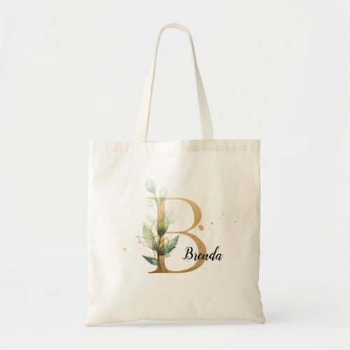 Gold Leaf Greenery Elegant Foliage Monogram B Tote Bag