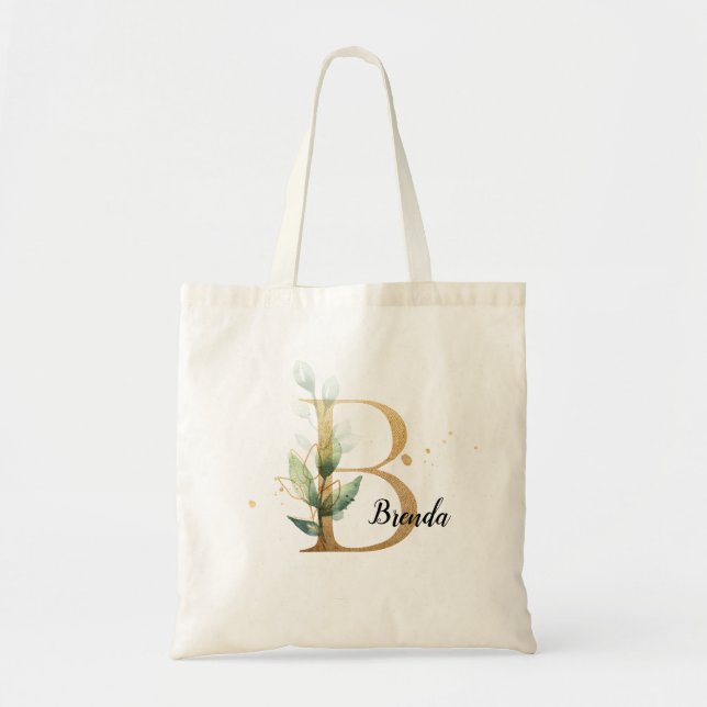 Gold Leaf Greenery Elegant Foliage Monogram "B" Tote Bag (Front)