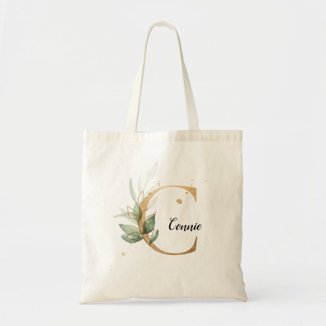 Gold Leaf Greenery Elegant Foliage Monogram "C" Tote Bag (Front)