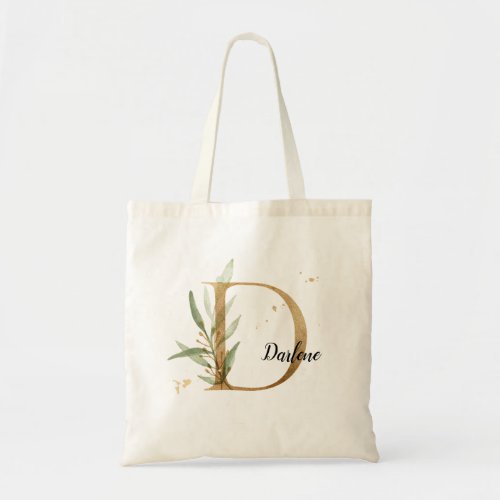 Gold Leaf Greenery Elegant Foliage Monogram D Tote Bag