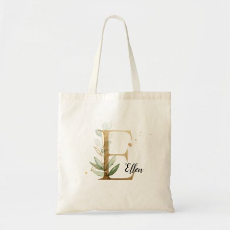 Gold Leaf Greenery Elegant Foliage Monogram "e" Tote Bag