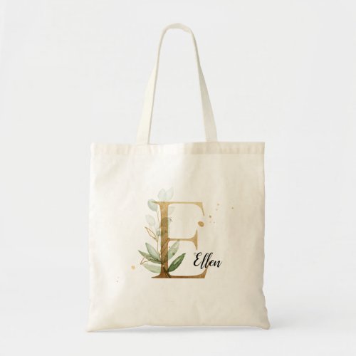Gold Leaf Greenery Elegant Foliage Monogram E Tote Bag