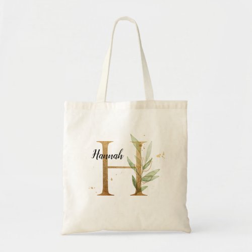 Gold Leaf Greenery Elegant Foliage Monogram H Tote Bag