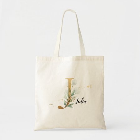 Gold Leaf Greenery Elegant Foliage Monogram "j" Tote Bag