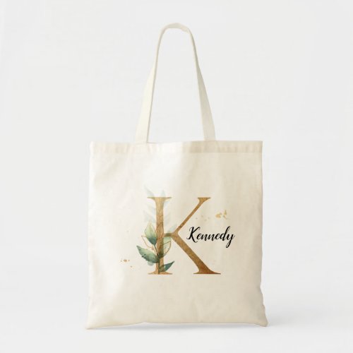 Gold Leaf Greenery Elegant Foliage Monogram "K" Tote Bag