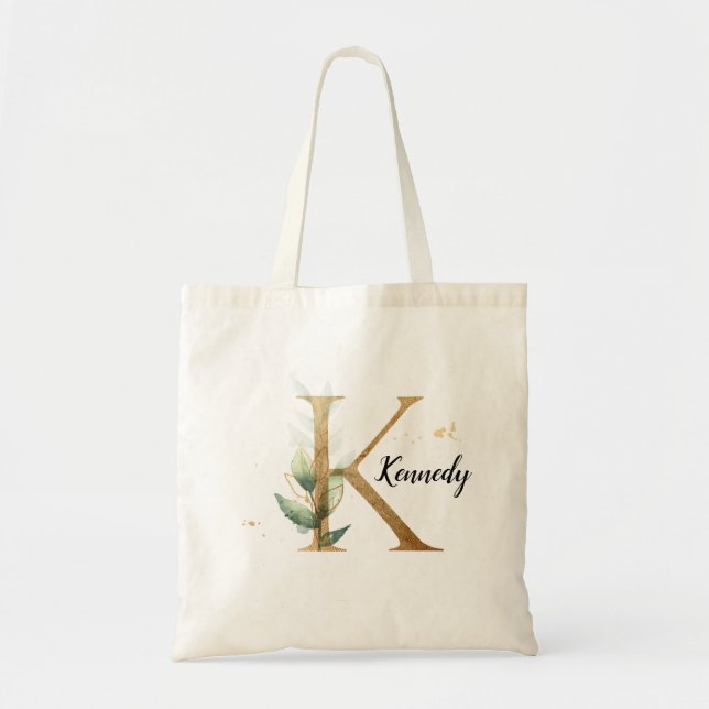 Gold Leaf Greenery Elegant Foliage Monogram "K" Tote Bag (Front)