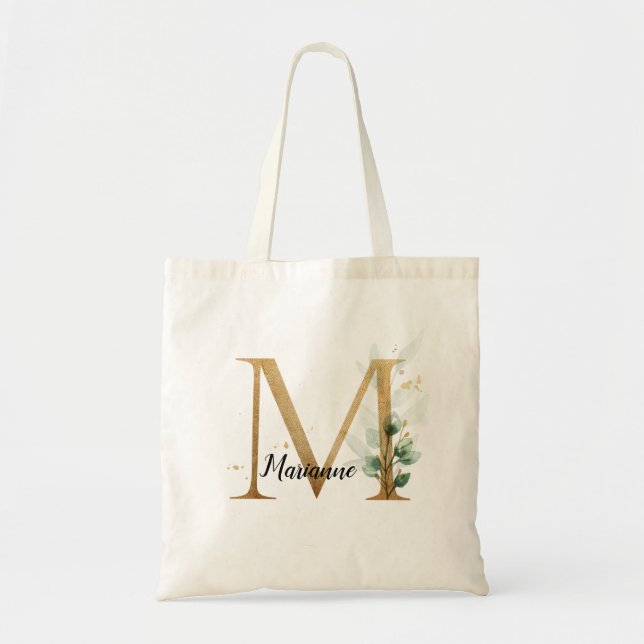 Gold Leaf Greenery Elegant Foliage Monogram "M" Tote Bag (Front)