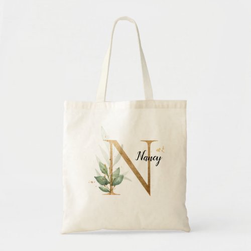 Gold Leaf Greenery Elegant Foliage Monogram N Tote Bag