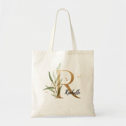 Gold Leaf Greenery Elegant Foliage Monogram R Tote Bag