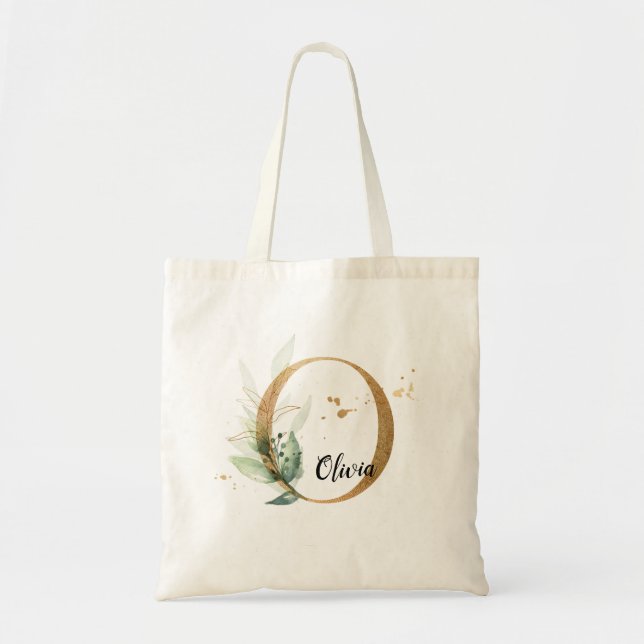 Gold Leaf Greenery Elegant Foliage Personalize "O" Tote Bag (Front)