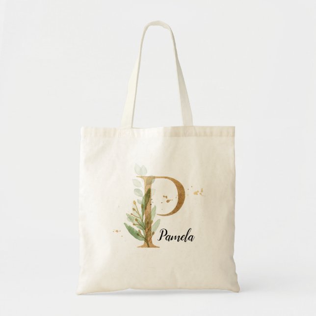 Gold Leaf Greenery Elegant Foliage Personalize "P" Tote Bag (Front)
