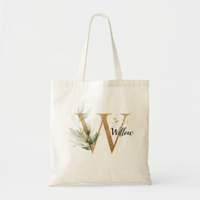 Gold Leaf Greenery Elegant Foliage Personalize "W" Tote Bag (Front)