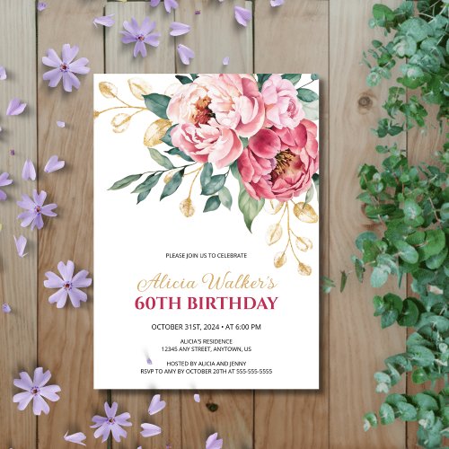 Gold Leaf Greenery Red Pink Peony Birthday  Invitation