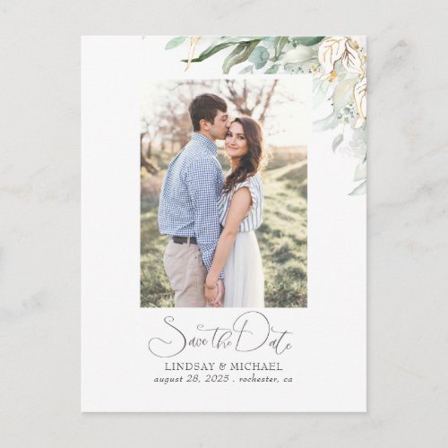 Gold Leaf Greenery Save the Date Photo Announcement Postcard