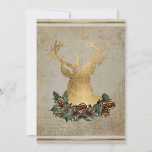 Gold Leaf Look Deer Head Antlers Christmas Party Invitation