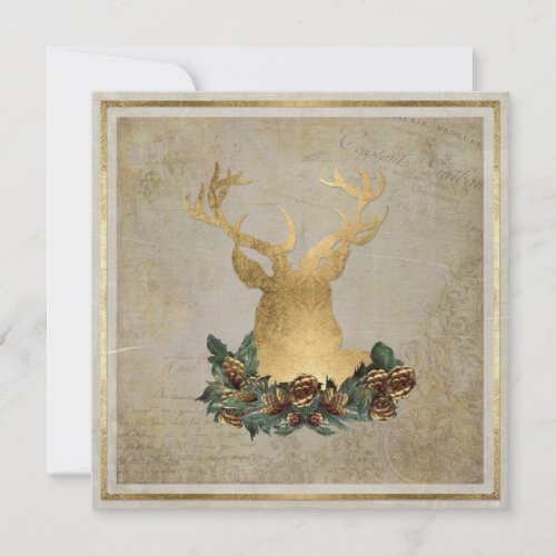 Gold Leaf Look Deer Head Antlers Christmas Party Invitation