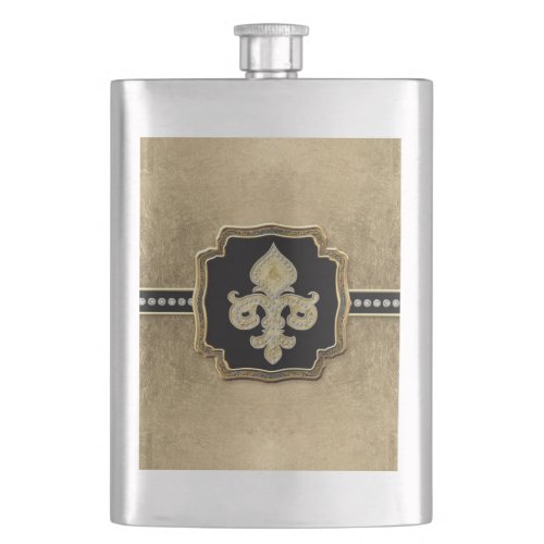 Gold Leaf Look Fleur de Lis Faux Vintage Jewel Hip Flask