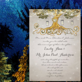 Gold Leaf Mason Jar Under the Stars Wedding Invitation