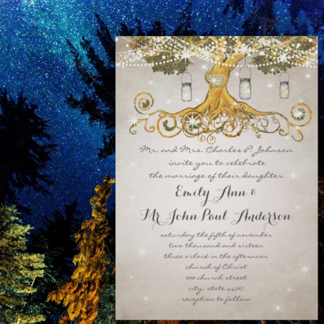 Gold Leaf Mason Jar Under the Stars Wedding Invitation (Creator Uploaded)