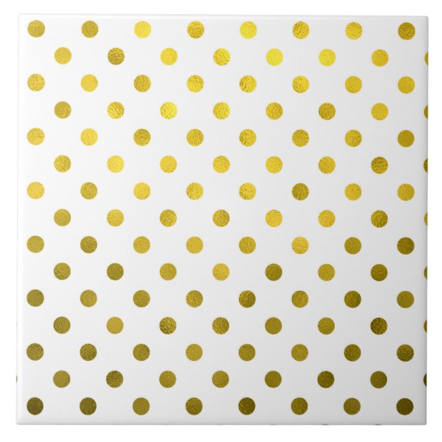 Gold Leaf Metallic Polka Dot on White Dots Pattern Ceramic Tile (Front)