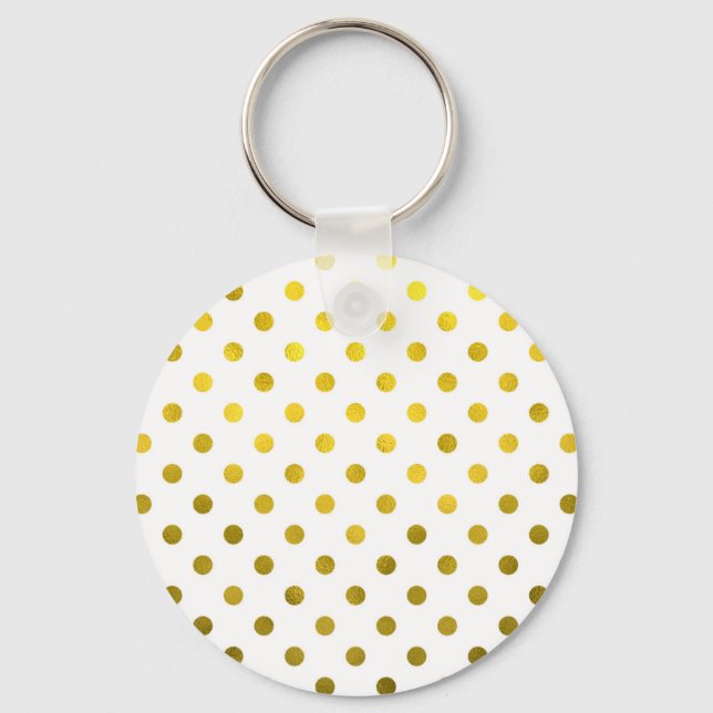 Gold Leaf Metallic Polka Dot on White Dots Pattern Keychain (Front)