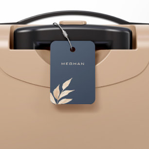 Gold Leaf Minimalist Monogram Navy Blue Luggage Tag