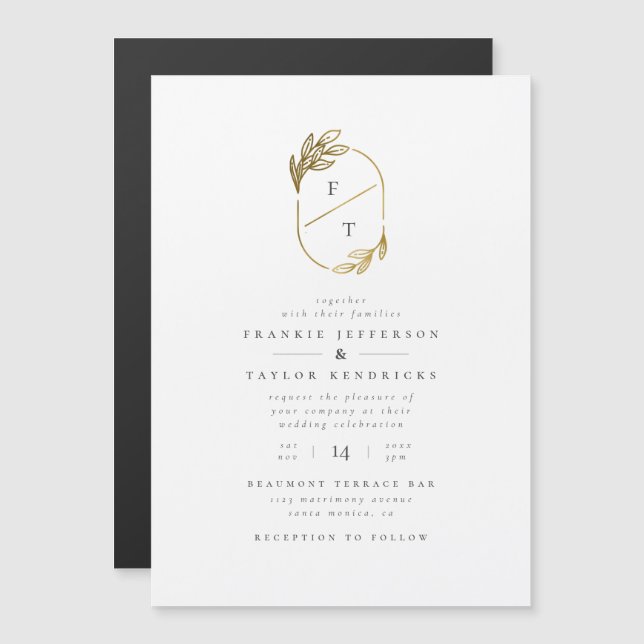 Gold Leaf Monogram | Modern Minimalist Wedding Magnetic Invitation (Front/Back)