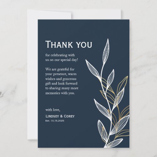 Gold Leaf Navy Thank You Card for Wedding