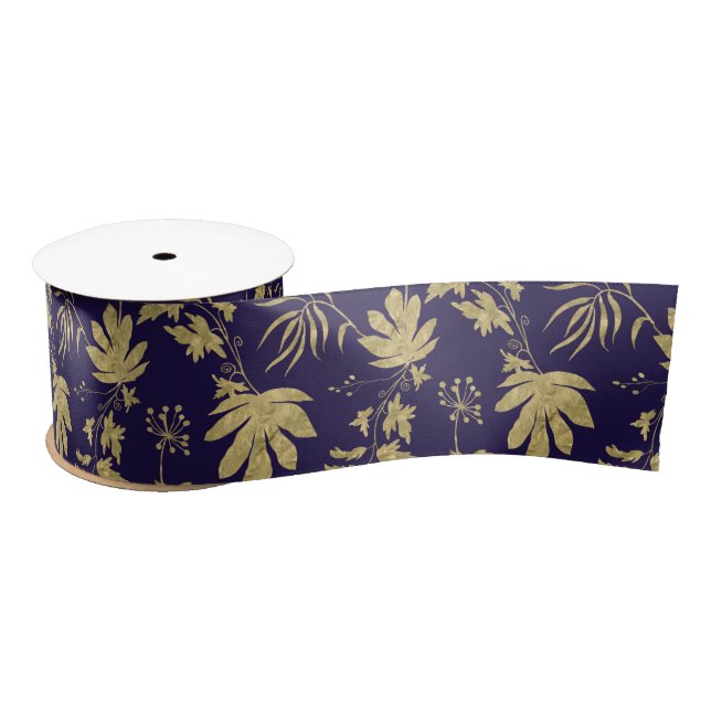 Gold Leaf Navy White  Green Spring Bridal Shower  Satin Ribbon (Spool)