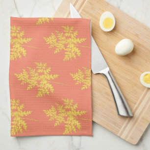 Gold Leaf on Coral Botanical Kitchen Towel