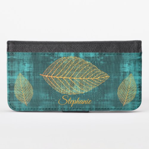 Gold Leaf on Teal Green Distressed Satin  iPhone X Wallet Case