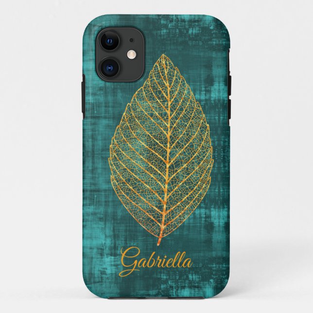 Gold Leaf on Teal Green Satin -*personalize* Case-Mate iPhone Case (Back)