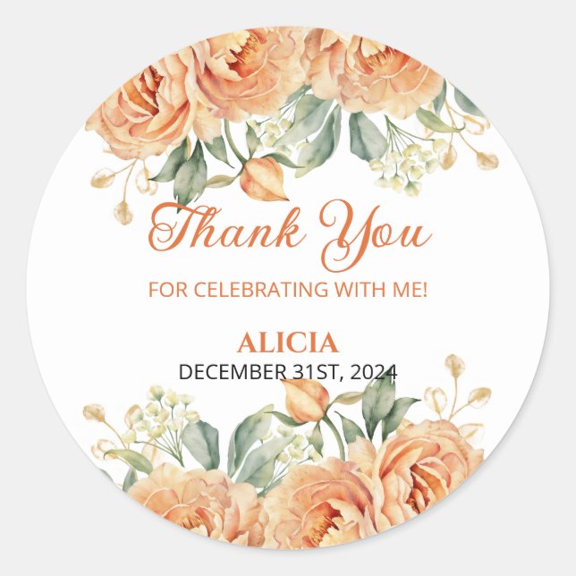 Gold Leaf Orange Peony Rustic Floral Birthday  Classic Round Sticker (Front)