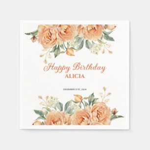 Gold Leaf Orange Peony Rustic Floral Birthday Napkins