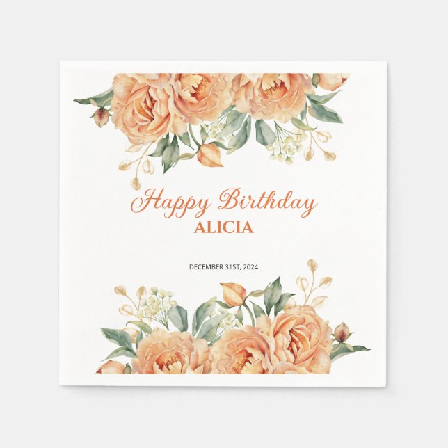 Gold Leaf Orange Peony Rustic Floral Birthday  Napkins (Front)