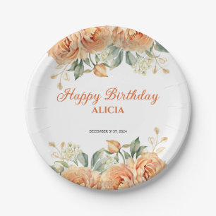 Gold Leaf Orange Peony Rustic Floral Birthday Paper Plates