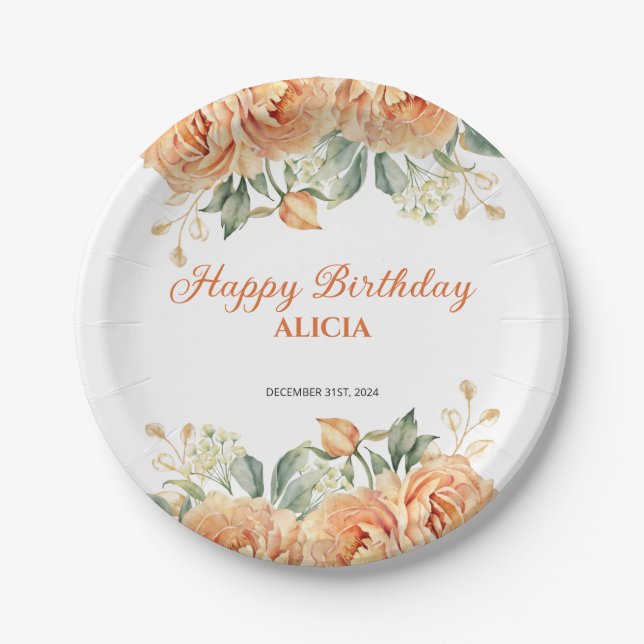 Gold Leaf Orange Peony Rustic Floral Birthday  Paper Plates (Front)